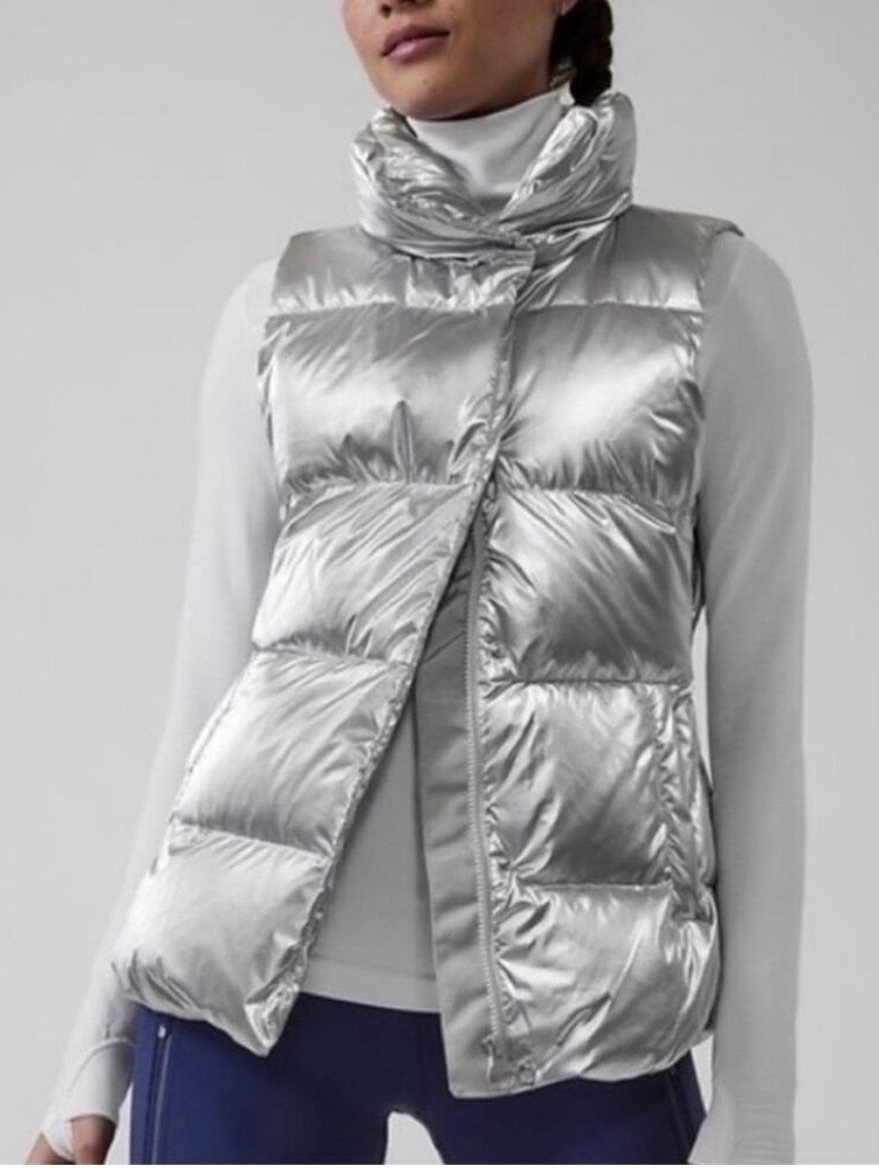 Athleta Silver Metallic Quilted Puffer Vest